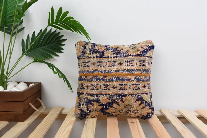 Art Deco Pillow Sham, Home Decor Pillow, Turkish Kilim Pillow, 14x14 Blue Pillow Sham, Pillow Sham, Handmade Kilim Cushion, Garden Pillow Sham - 1