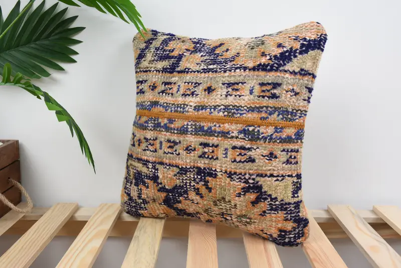 Art Deco Pillow Sham, Home Decor Pillow, Turkish Kilim Pillow, 14x14 Blue Pillow Sham, Pillow Sham, Handmade Kilim Cushion, Garden Pillow Sham - 5