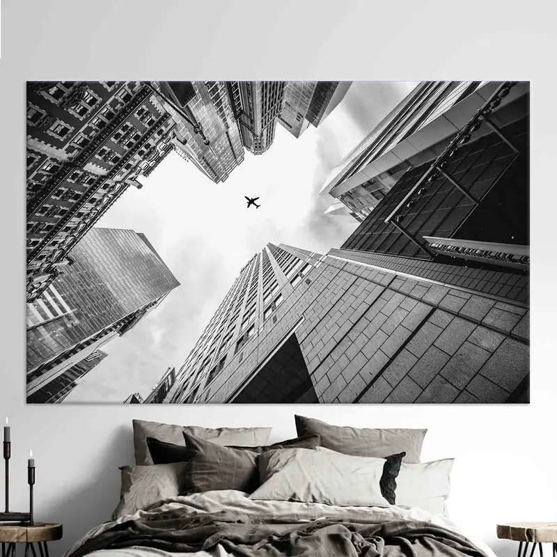 Plane In The Sky, Canvas Wall Art, Skyscrapers Canvas, Aviation Decor, Office Wall Art, Black and White Canvas, Modern Canvas Wall Art, - 1