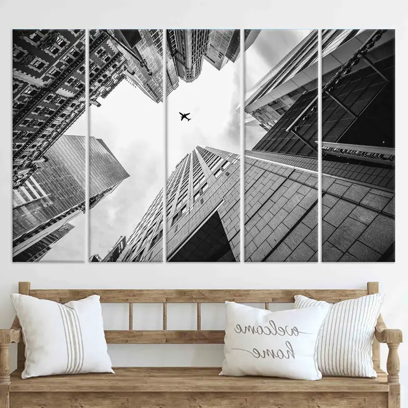 Plane In The Sky, Canvas Wall Art, Skyscrapers Canvas, Aviation Decor, Office Wall Art, Black and White Canvas, Modern Canvas Wall Art, - 4