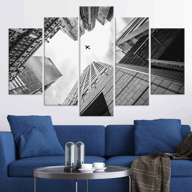 Plane In The Sky, Canvas Wall Art, Skyscrapers Canvas, Aviation Decor, Office Wall Art, Black and White Canvas, Modern Canvas Wall Art, - 5
