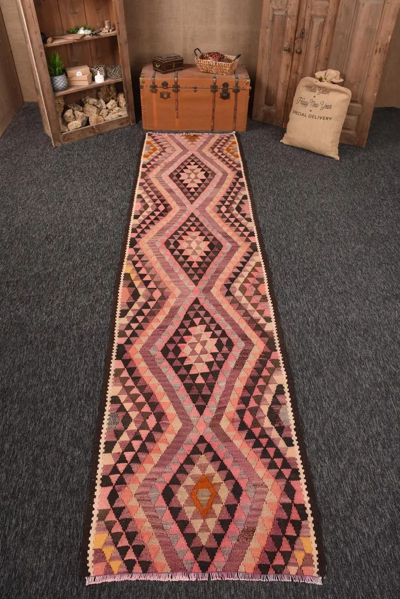 3.1x12.3 ft Turkish Runner Rug, Pink Brown Vintage Ombré Wool Rug - 1