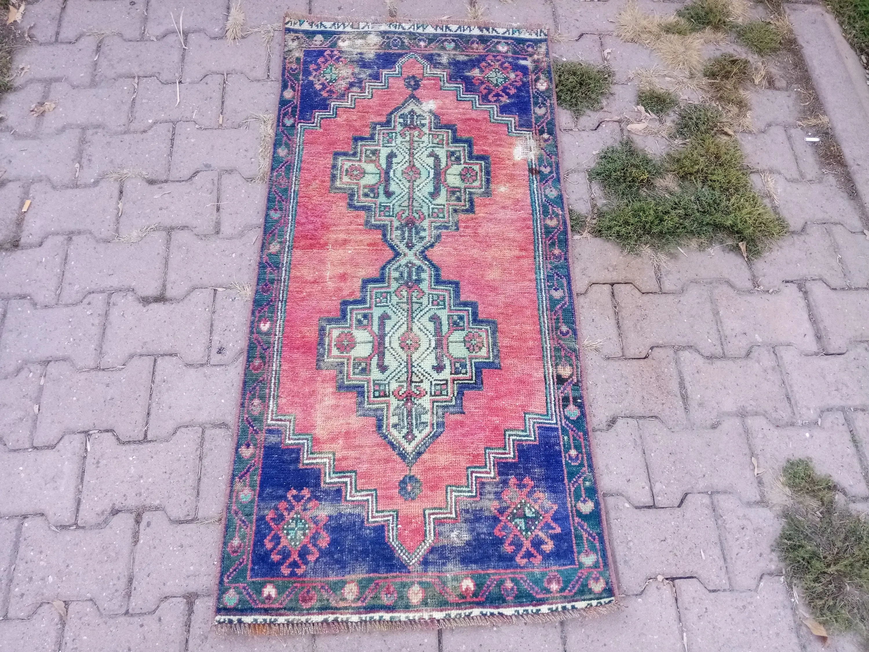 2,1x4,4 ft türkischer Vintage Teppich, kleiner Teppich, rot blauer Orientteppich - 1