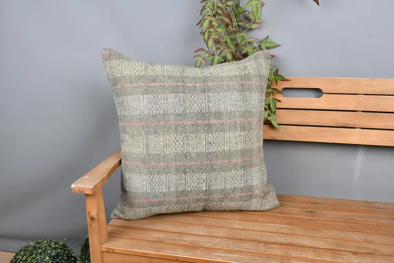 Gray & Pink Striped Embroidered Pillow, 24x24 Inches Decorative Pillow - 1