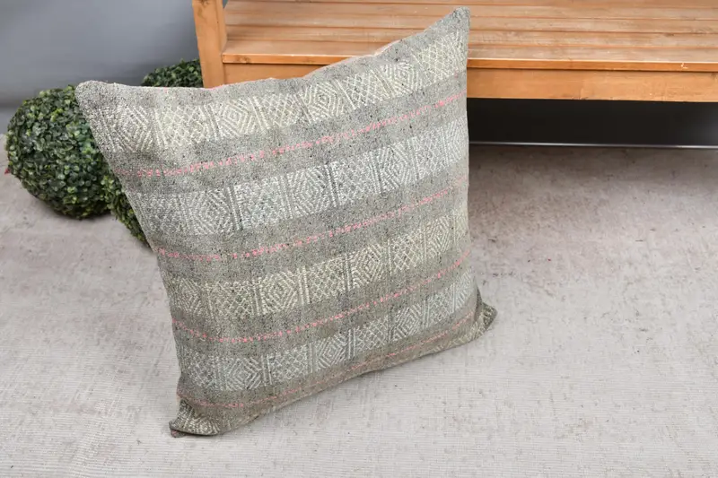 Gray & Pink Striped Embroidered Pillow, 24x24 Inches Decorative Pillow - 7