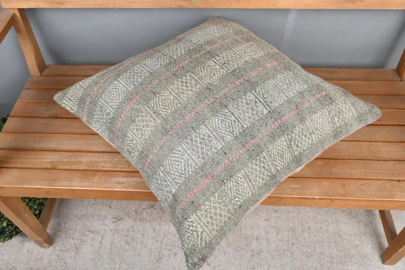Gray & Pink Striped Embroidered Pillow, 24x24 Inches Decorative Pillow - 2