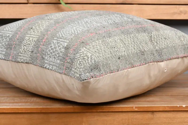 Gray & Pink Striped Embroidered Pillow, 24x24 Inches Decorative Pillow - 4