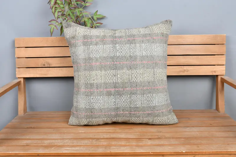 Gray & Pink Striped Embroidered Pillow, 24x24 Inches Decorative Pillow - 6