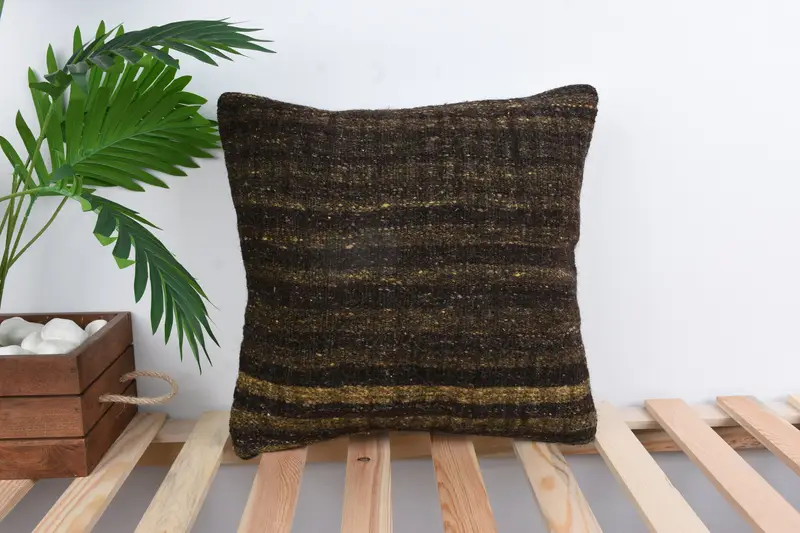 Turkish Kilim Pillow, Ikat Pillow Case, Pillow Sham, Pillow for Sofa, One Of A Kind Pillow Case, Handmade Kilim Cushion, 16x16 Brown Pillow Cover - 1