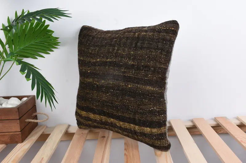Turkish Kilim Pillow, Ikat Pillow Case, Pillow Sham, Pillow for Sofa, One Of A Kind Pillow Case, Handmade Kilim Cushion, 16x16 Brown Pillow Cover - 5