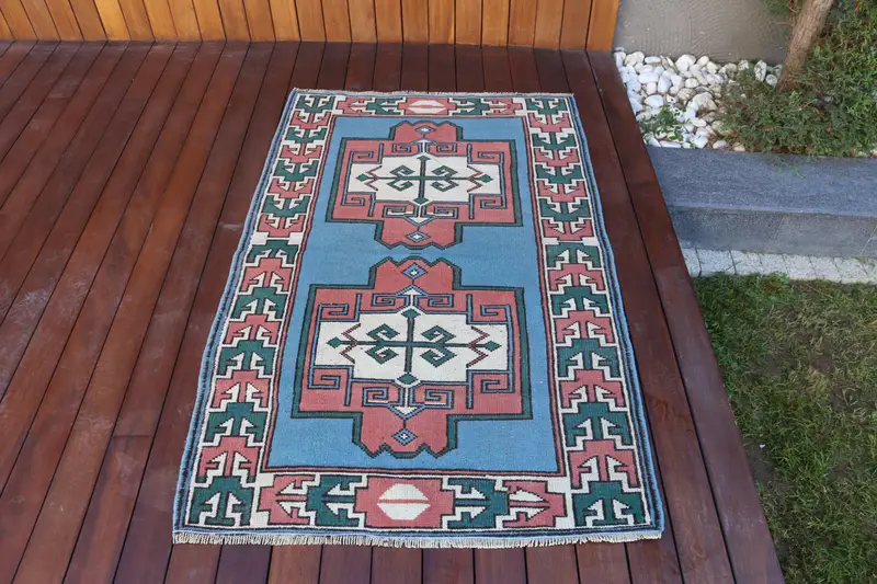 3.1x4.9 ft Turkish Rug, Accent Vintage Rug, Blue Solid Rug - 1