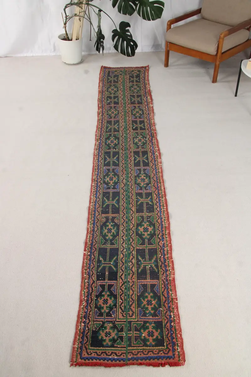 Türk 1.7x11 ft Runner Halı, Vintage Halı, Oushak Mavi Çizgili Halı - 1