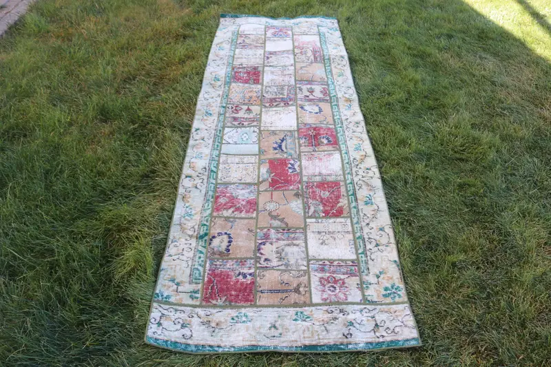 Vintage Türk Yolluk Halısı 2.8x8.4 ft, Yeşil Kırmızı Katı Yün Halı - 1