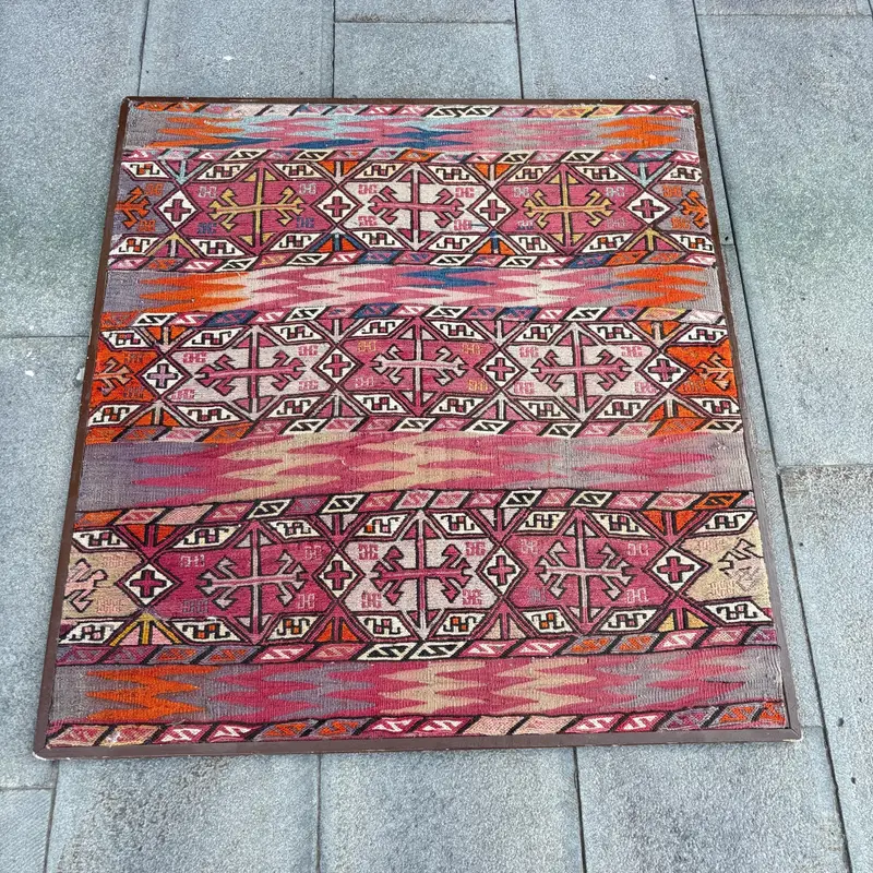 3x3.2 ft Turkish Small Rug, Red Orange Vintage Ombré Wool Rug - 1