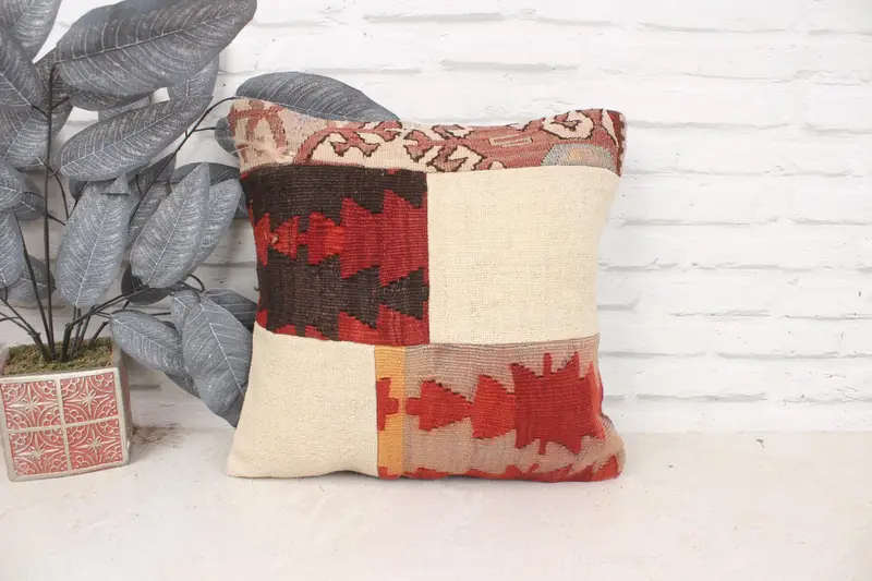 Turkish Kilim Pillow, Interior Designer Pillow, 16x16 Red Pillow Cover, Pillow Case, Morroccon Kilim Cushion Cushion, Ethnical Kilim Rug Pillow - 1