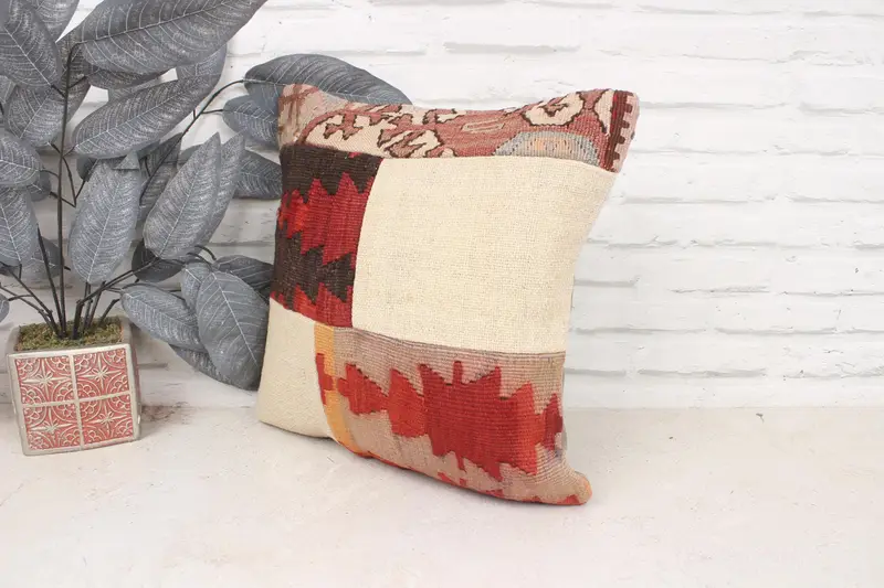Turkish Kilim Pillow, Interior Designer Pillow, 16x16 Red Pillow Cover, Pillow Case, Morroccon Kilim Cushion Cushion, Ethnical Kilim Rug Pillow - 4