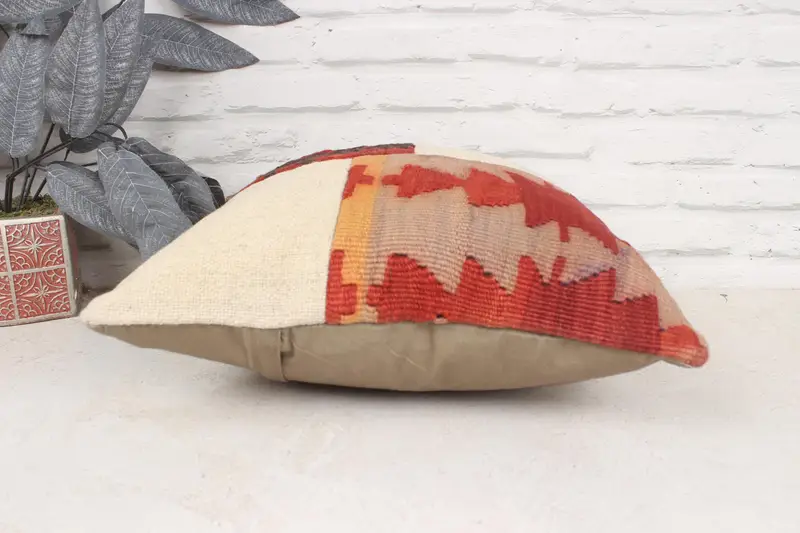Turkish Kilim Pillow, Interior Designer Pillow, 16x16 Red Pillow Cover, Pillow Case, Morroccon Kilim Cushion Cushion, Ethnical Kilim Rug Pillow - 5
