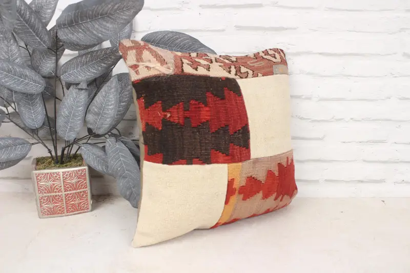 Turkish Kilim Pillow, Interior Designer Pillow, 16x16 Red Pillow Cover, Pillow Case, Morroccon Kilim Cushion Cushion, Ethnical Kilim Rug Pillow - 3