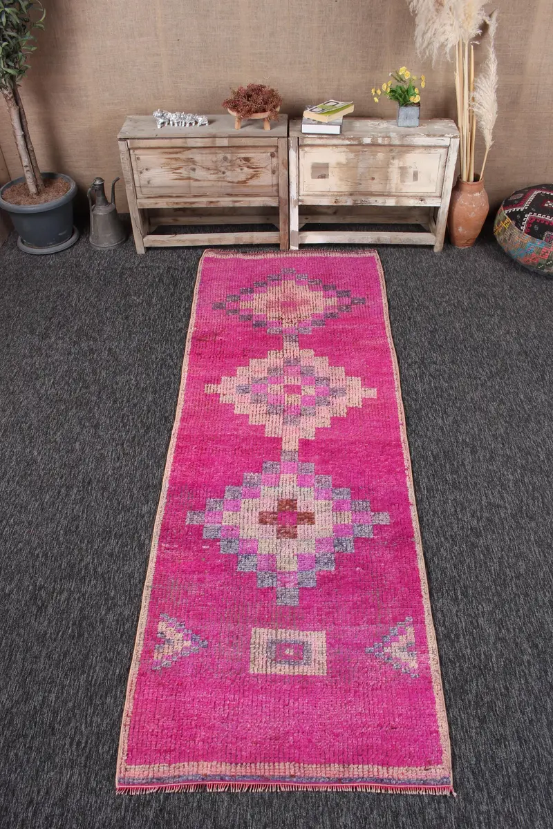 2.9x8.5 ft Vintage Türk Halısı, Yolluk Halısı, Pembe Herki Çiçekli Halı - 1