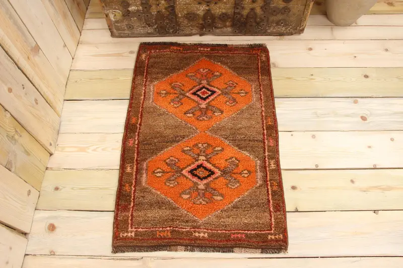 Handmade Brown Rug, 0.2x2.6 ft Geometric Floral Motif
