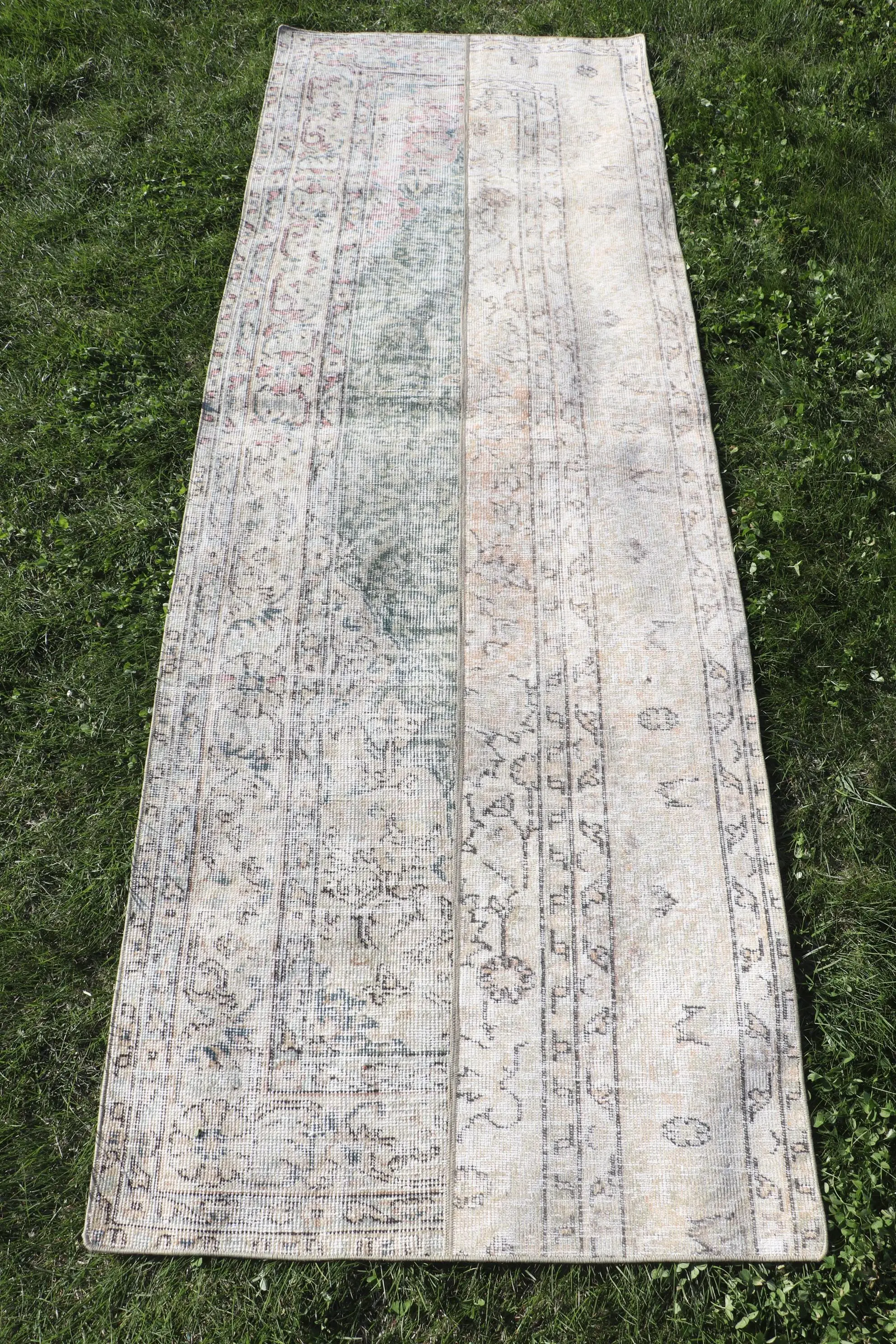 Turkish Runner Rug, 2.8x8.3 ft Vintage Rug, Gray Polka dot Wool Rug - 1