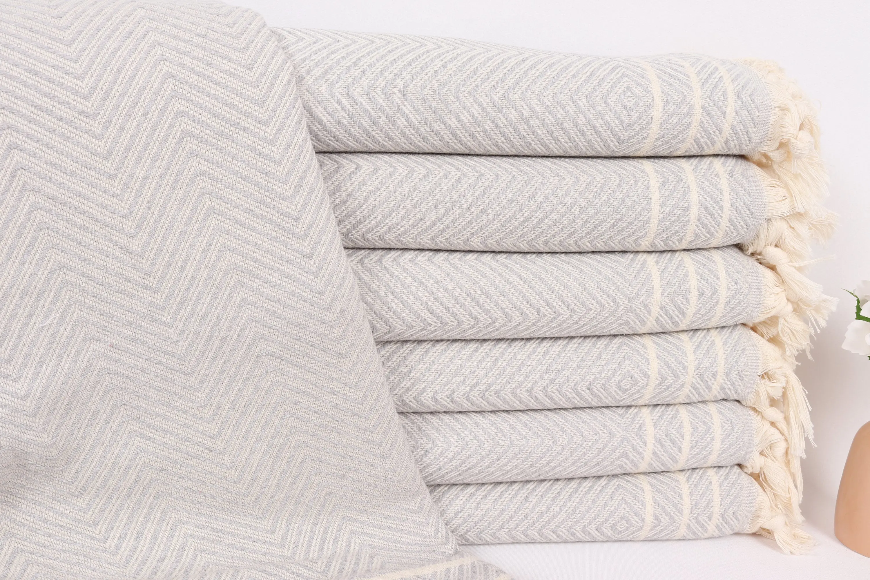 Light Gray Cotton Blanket Chevron Pattern Double Size 71x95 Inches - 1