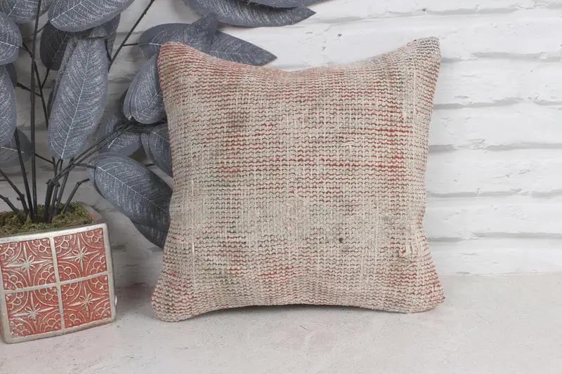 Kilim Cushion Sham, Boho Pillow Sham Cover, 12x12 Orange Cushion Cover, Decorative Throw Pillow Cover, Antique Pillows, Pillow - 1