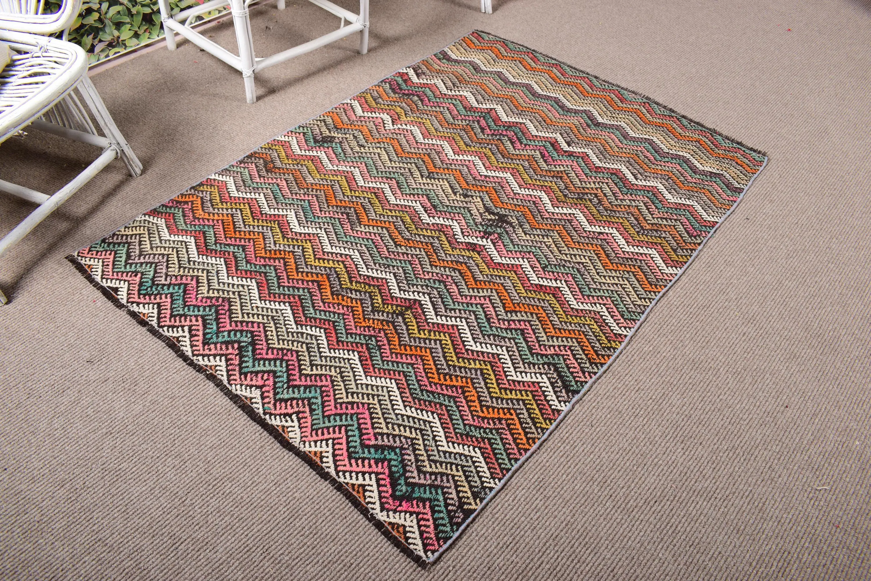 Turkish Rug 3.8x5.3 ft, Red Blue Oriental Wool Vintage Rug - 1