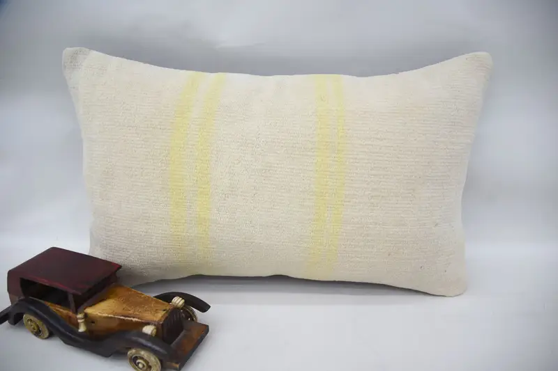 Living Room Turkish Wool Pillow Sham, Beige 30x50 cm Moroccan Striped Euro Sham - 1