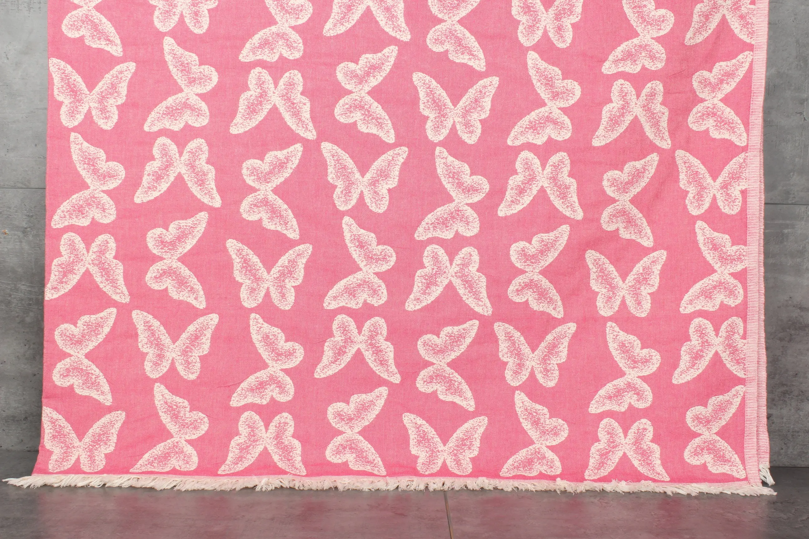 Fuchsia Cotton Throw Butterfly Pattern Woven Blanket, 79x95 Inches - 1