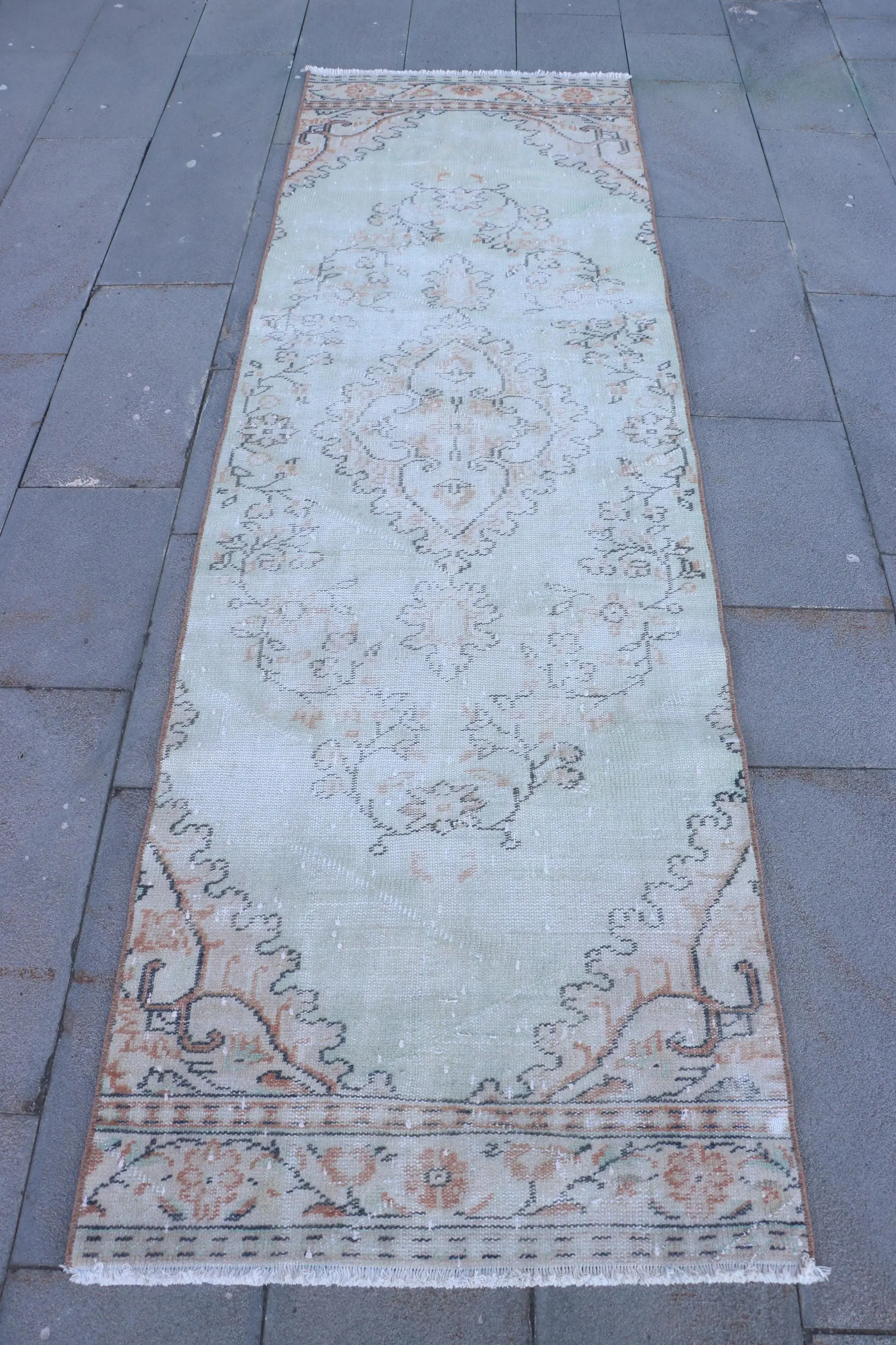 2.8x9.1 ft Rug, Turkish Rug, Vintage White Wool Solid Rug - 1
