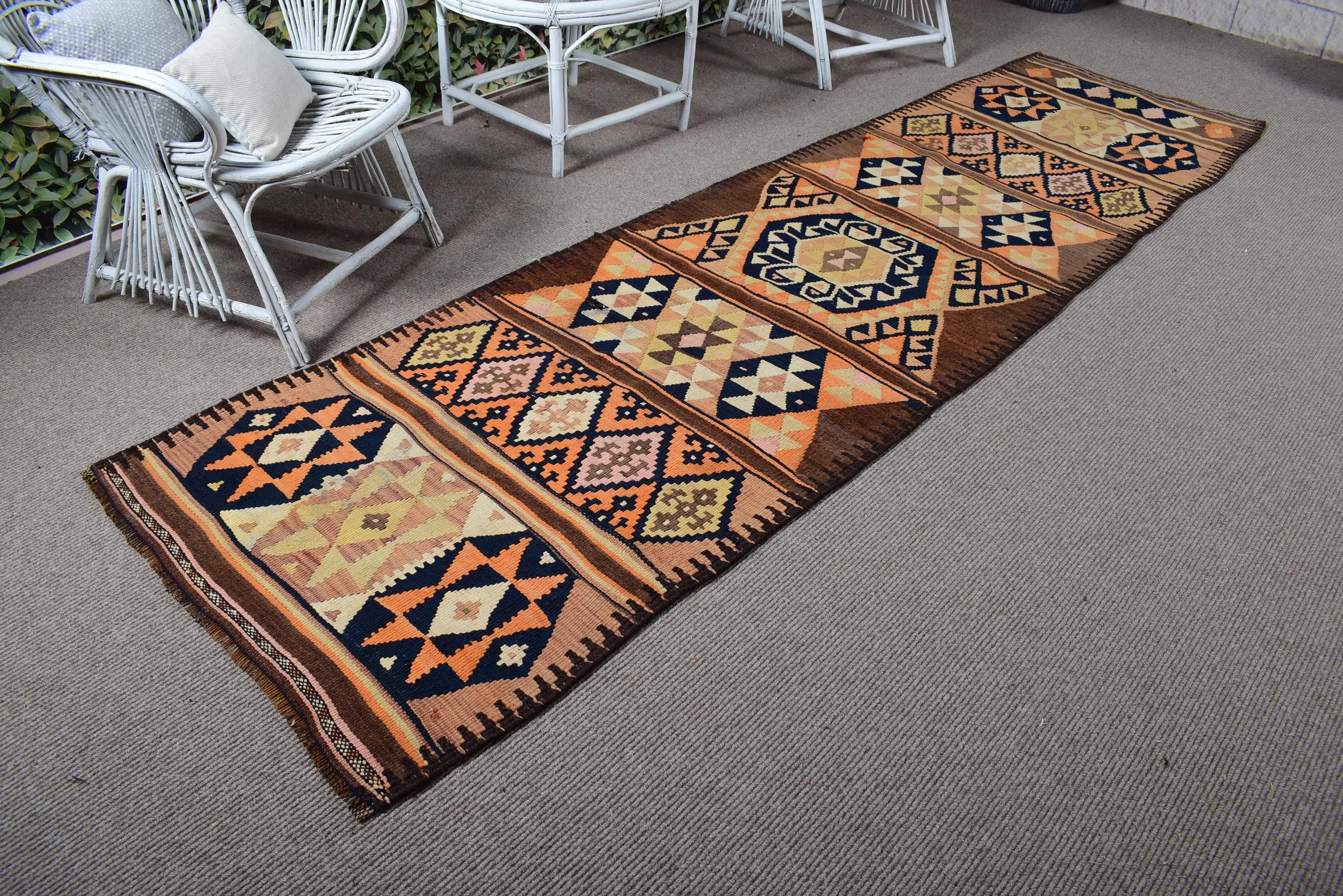 Türkischer Teppich, 3,1x10,8 ft Läufer Vintage Teppich, Braun Orange Blumenteppich - 1