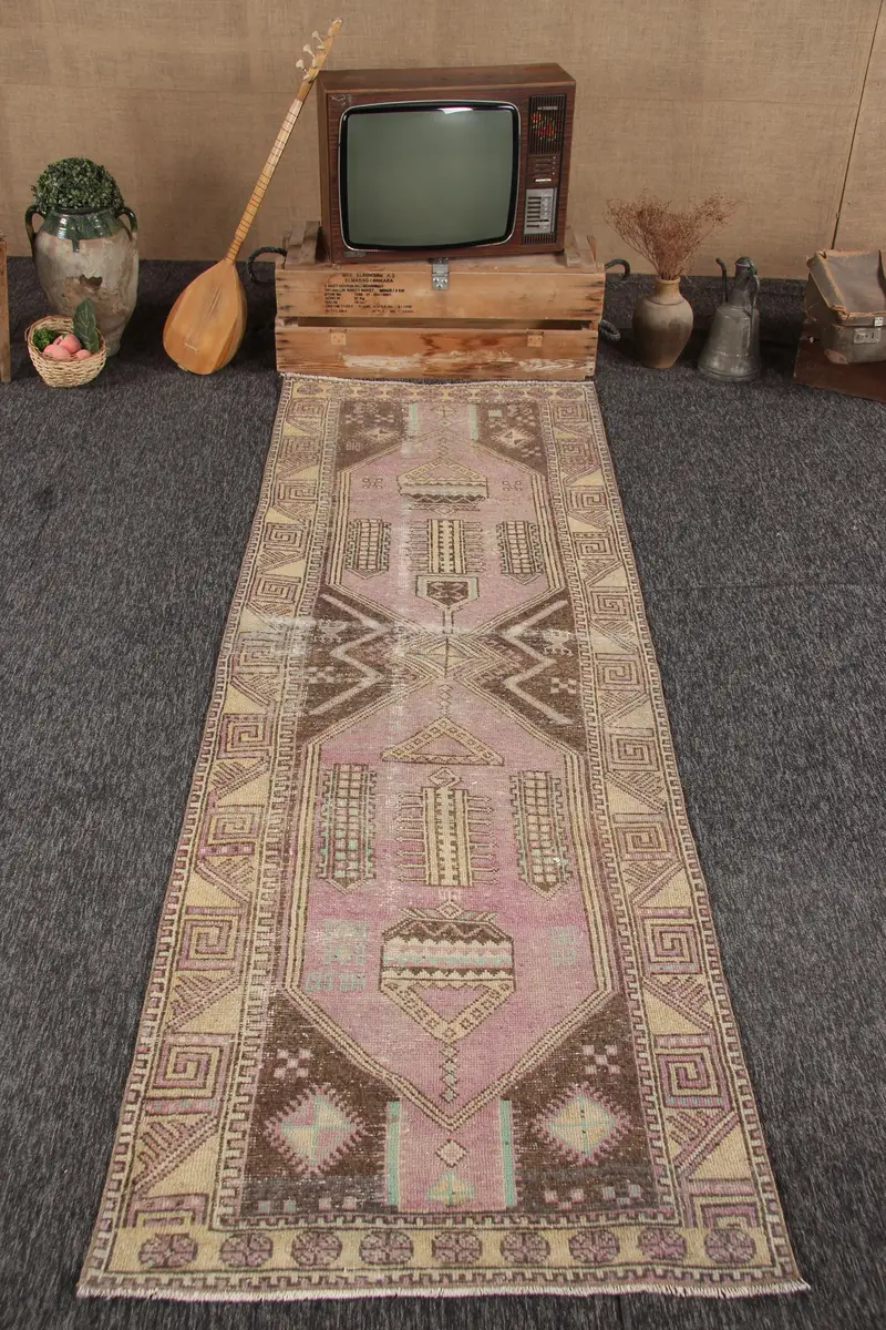 Türk Yolluk Halısı 3.2x9.4 ft, Pembe Kahverengi Paisley Halı Yün - 1