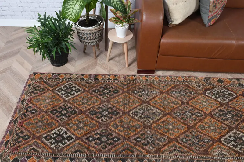 Alfombra vintage, alfombra corredor de 2,7x12 pies, alfombra de lana Oushak marrón naranja - 1