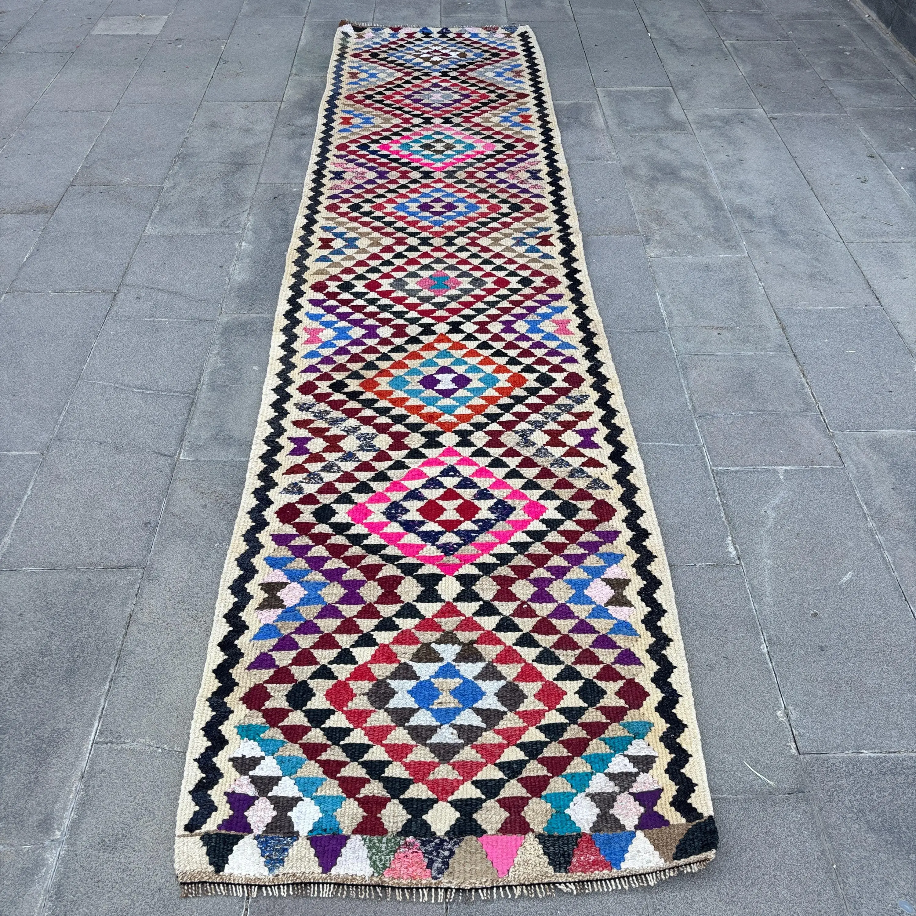 Turkish Runner Rug 2.9x12 ft, Vintage Red Bordered Wool Rug - 1