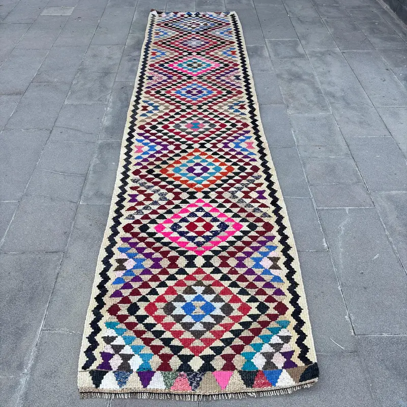 レインボーベージュラグ、2.9x12フィートボーダーデザイン