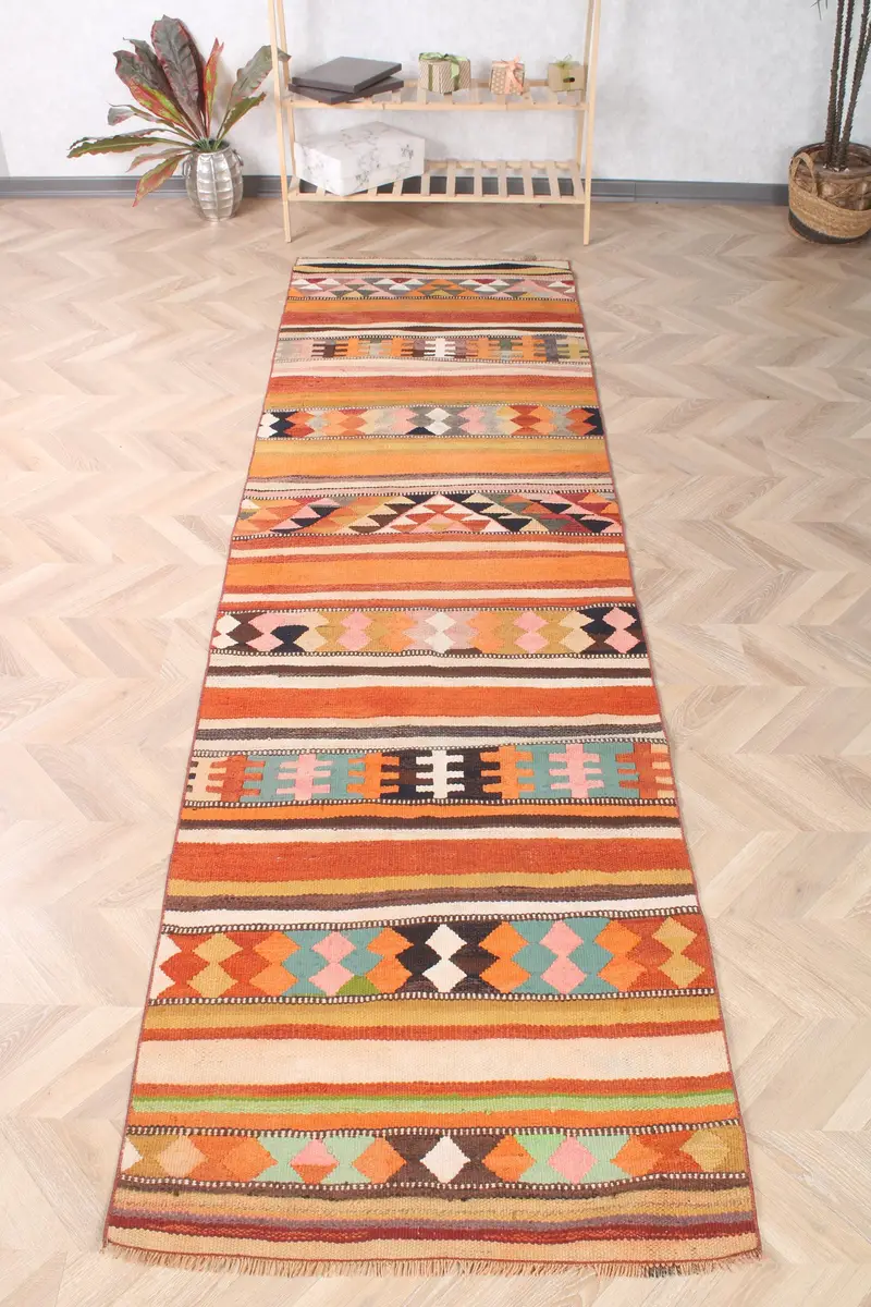Vintage Halı, 3x10.5 ft Runner Türk Halısı, Kilim Turuncu Yeşil Çiçekli Halı - 1