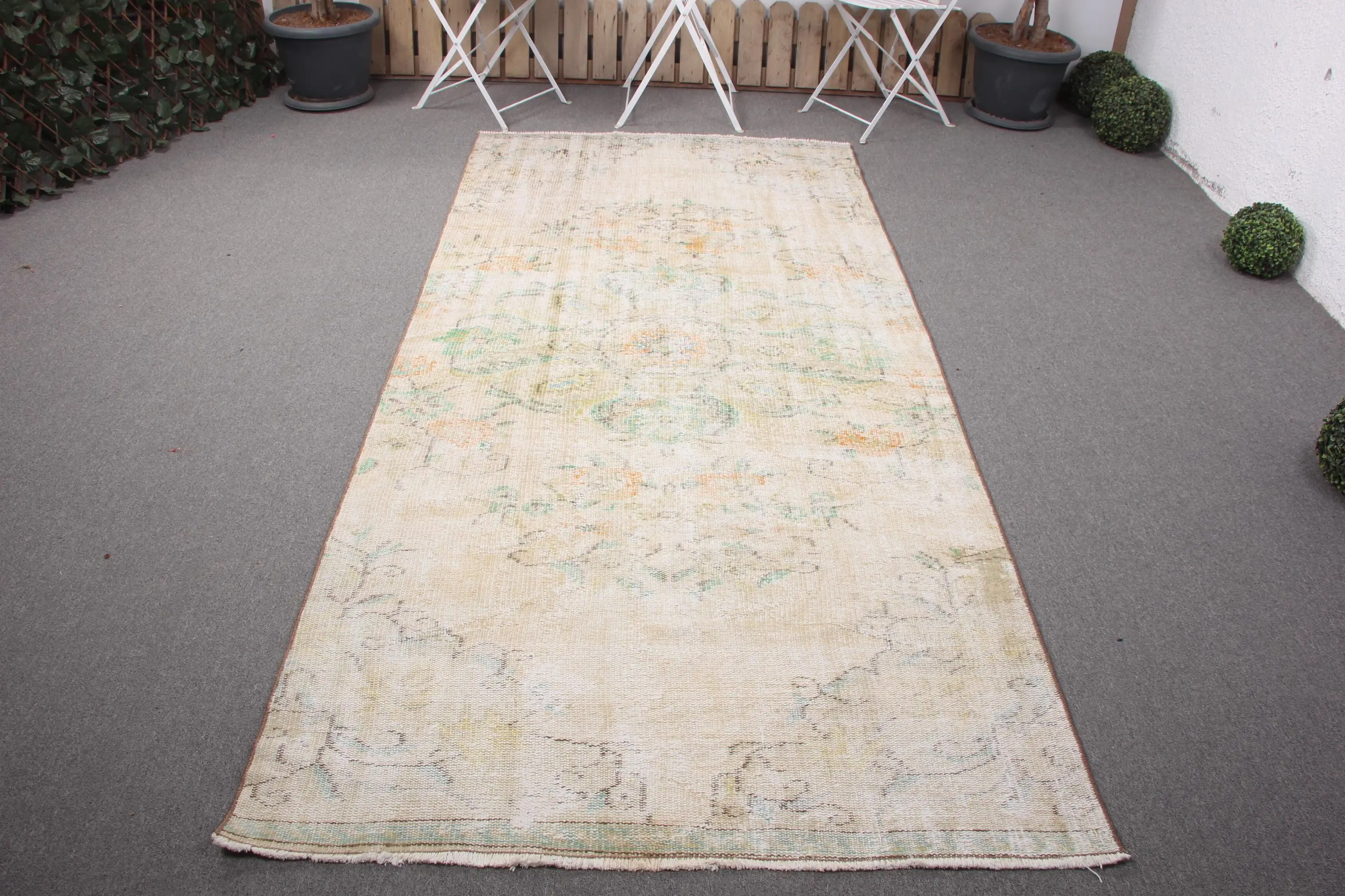 4.2x9.1 ft Area Turkish Vintage Rug, Yellow Bordered Wool Rug - 1
