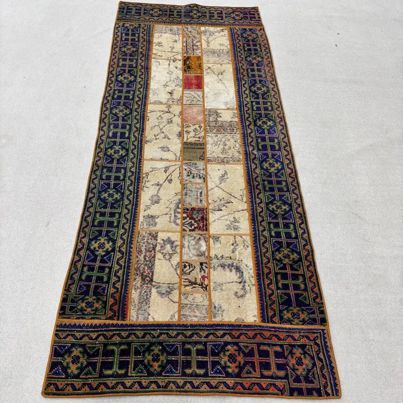 3.5x8.9 ft Oushak Vintage Rug, Blue Solid Turkish Rug Wool - 1