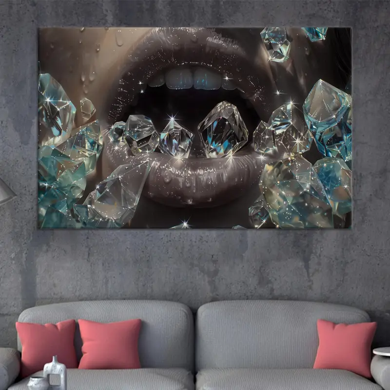 Elegantes, abstraktes, bedrucktes Leinwand-Kunstwerk mit Diamant-Mund-Design