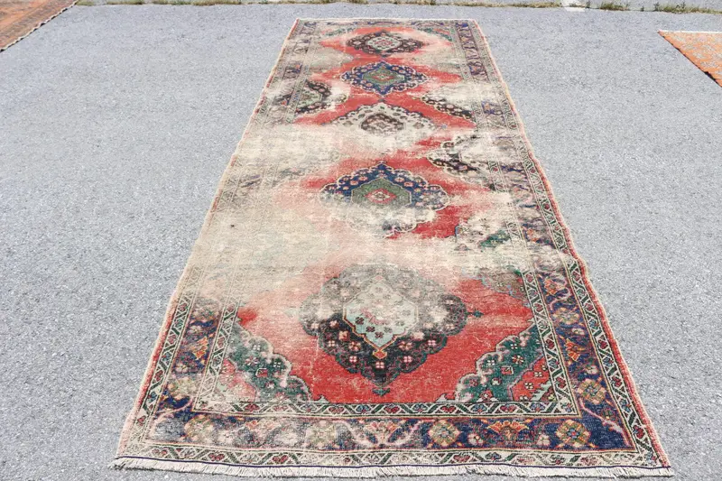 Turkish Runner Rug, 4.7x12.6 ft Vintage Rug, Red Floral Wool Rug - 1