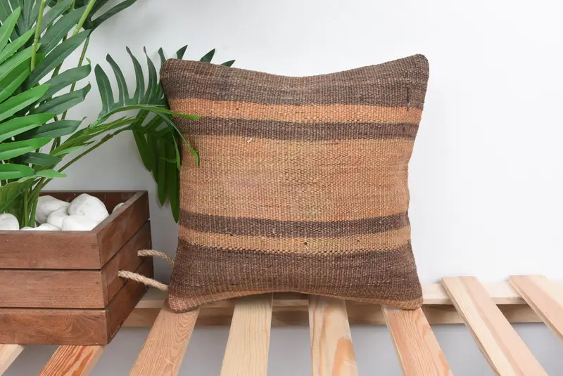 Floor Pillow Sham, Cushion Cover, 12x12 Brown Cushion, Pillow for Sofa, Aztec Pillow Case, Ethnical Kilim Rug Pillow, Kilim Pillow Cover - 1