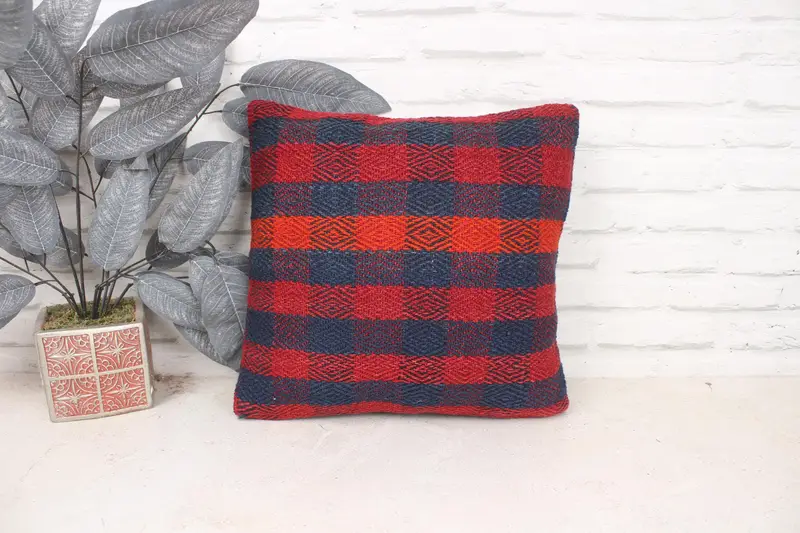Kilim Cushion Sham, Interior Designer Pillow, Aesthetic Cushion, 16x16 Red Pillow Sham, Cushion Cover, Traditional Cushion, Throw Kilim Pillow - 1