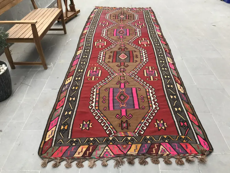 4.9x13.6 ft Vintage Kilim Halı, Türk Halısı, Kırmızı Oryantal Yün Halı - 1