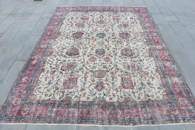 8.2x11フィート ベージュ&レッド パッチワークラグ エレガントな室内装飾