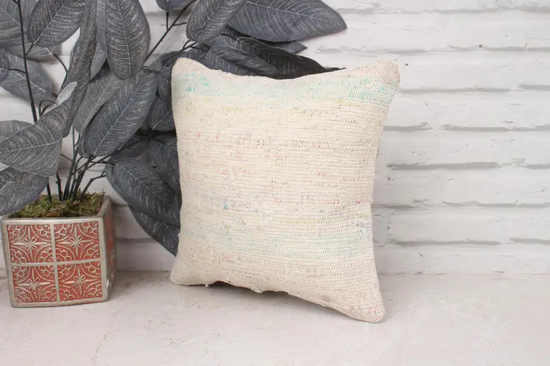 Pillow Cover, Seat Pillow Sham, 12x12 White Pillow, Boho Pillow Sham Cover, Natural Pillow Case, Antique Pillows, Throw Kilim Pillow, Car Cushion - 4