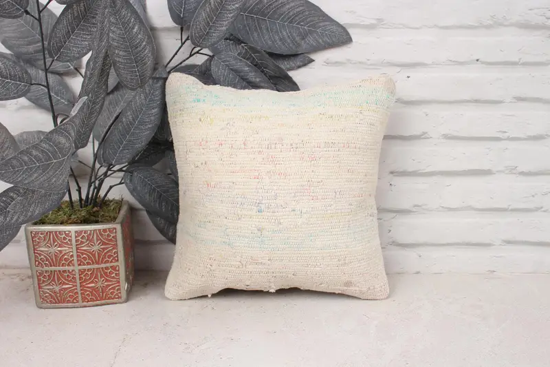 Pillow Cover, Seat Pillow Sham, 12x12 White Pillow, Boho Pillow Sham Cover, Natural Pillow Case, Antique Pillows, Throw Kilim Pillow, Car Cushion - 1