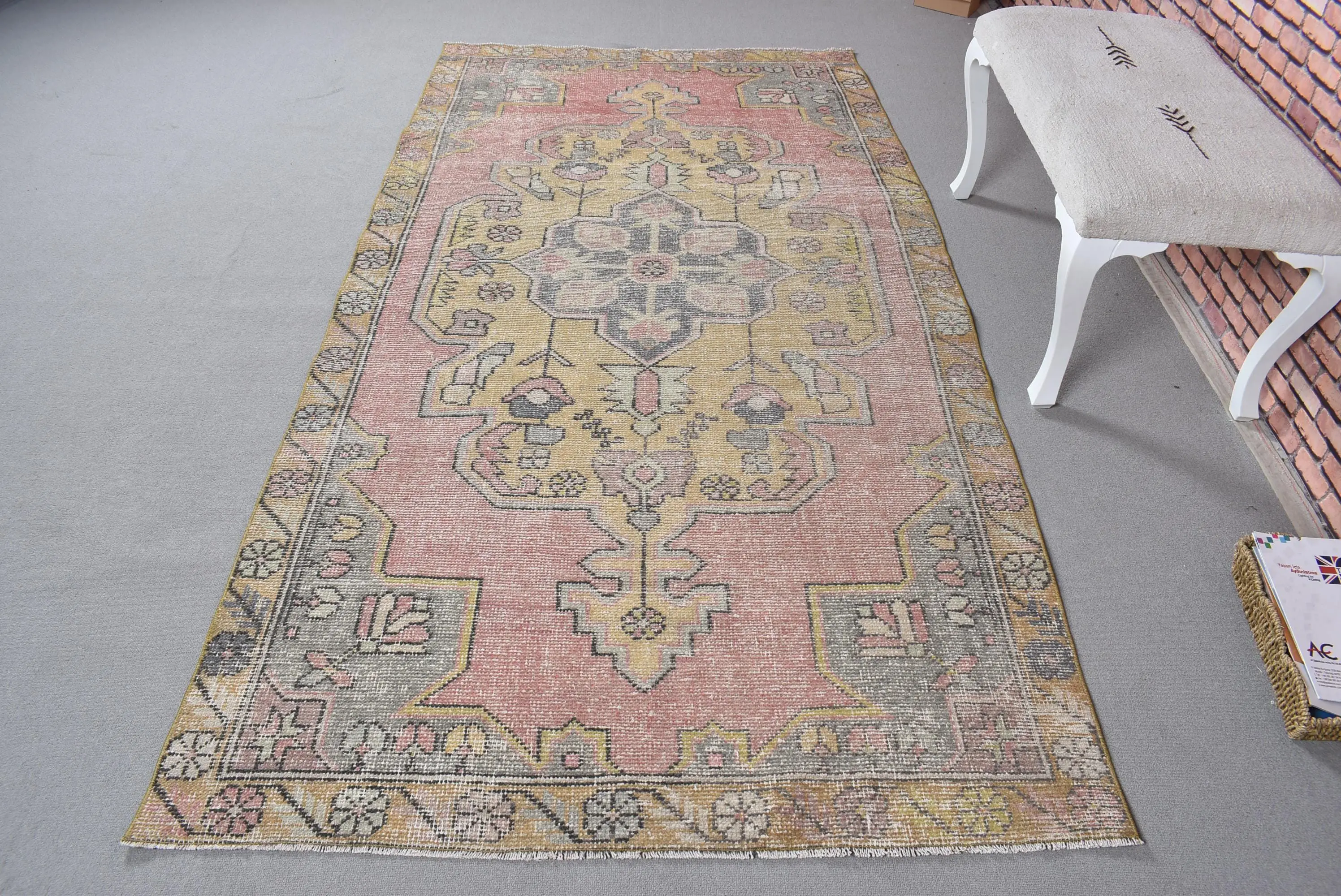 4.3x8.5 ft Vintage Rug, Red Floral Turkish Wool Rug - 1