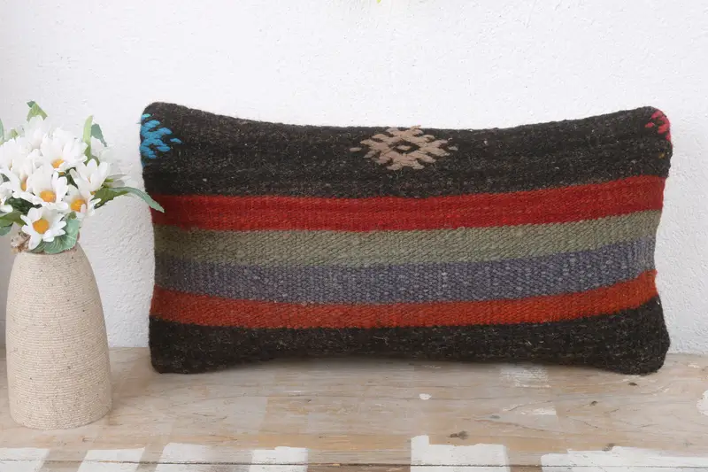Kilim Cushion Sham, Morroccon Kilim Cushion Pillow Cover, 8x16 Blue Cushion Case, Boho Pillow, Turkish Kilim Pillow, Pillow, Cozy Throw Pillow - 2