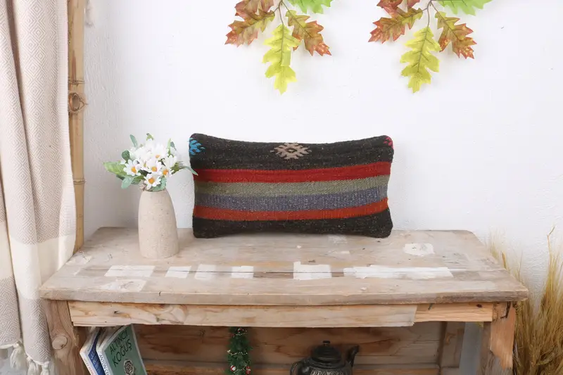 Kilim Cushion Sham, Morroccon Kilim Cushion Pillow Cover, 8x16 Blue Cushion Case, Boho Pillow, Turkish Kilim Pillow, Pillow, Cozy Throw Pillow - 1